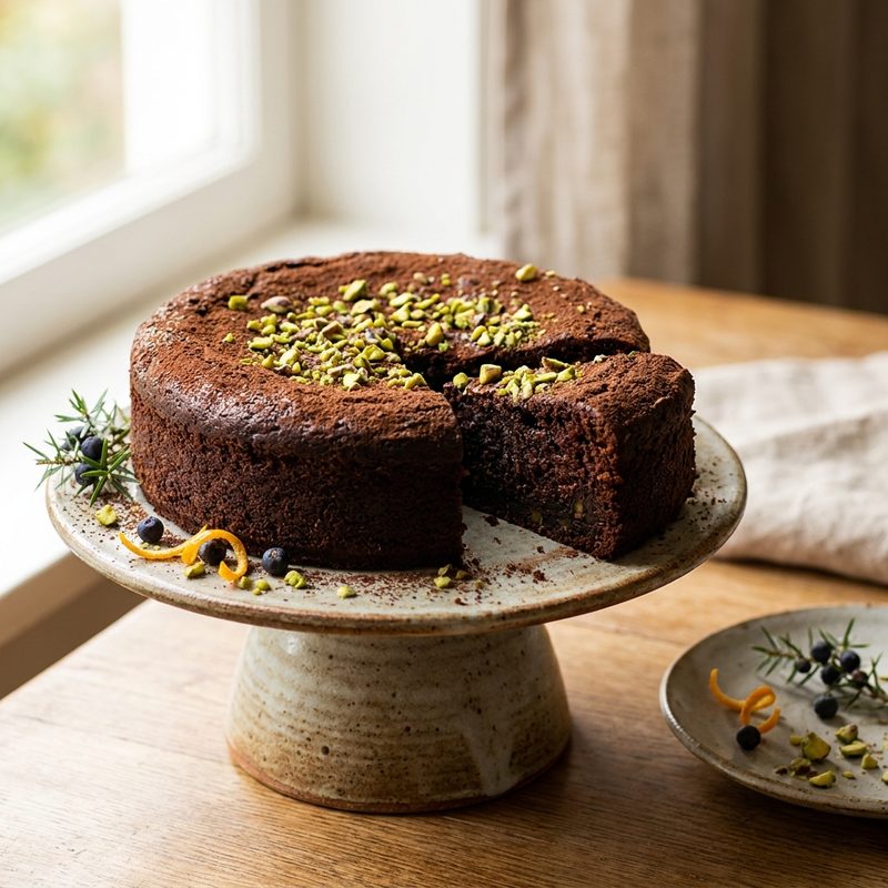 Dark Chocolate and Pistachio Cake with Spiced Gin